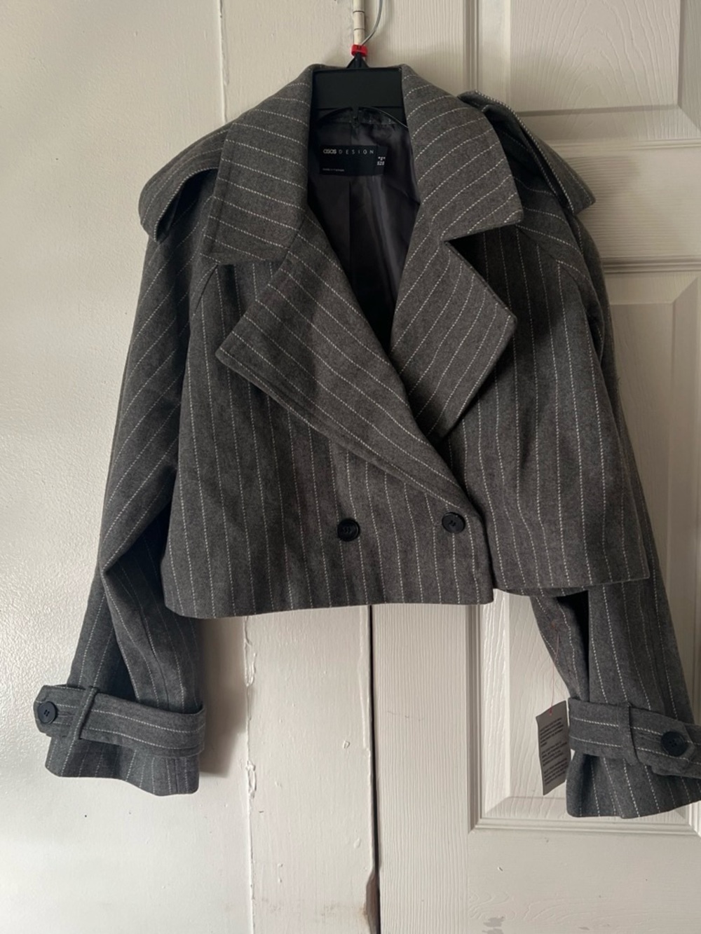 ASOS Gray Pinstripe Cropped Double-Breasted Blazer OVERSIZED